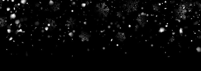 Winter Christmas and New year banner with white falling snowflakes on black background. Vector illustration