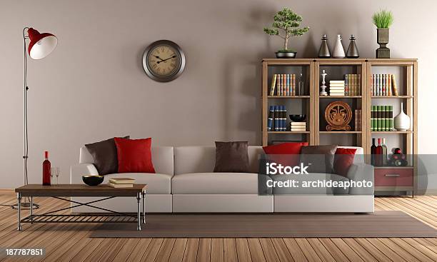 Modern Sofa In A Vintage Living Room Stock Photo - Download Image Now - Red, Living Room, Cushion