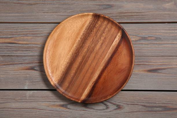 istock One plate on grey wooden table, top view 1877880926