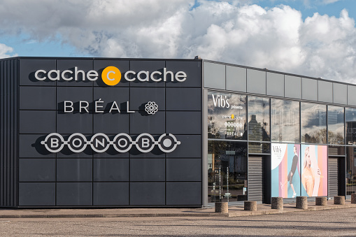 Vendenheim, France - November 19, 2023: Store with the fashion brands Bonobo, Bréal, Cache Cache and Vib's. These brands are part of the Beaumanoir Group, a French group for the distribution of ready-to-wear clothing, founded in 1985 by Roland Beaumanoir.