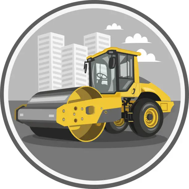 Vector illustration of Yellow asphalt roller vector image in circle with urban landscape on background during road works