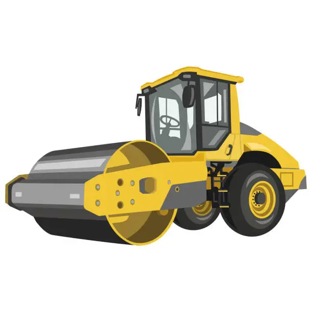 Vector illustration of Yellow asphalt roller, steamroller, road roller vector image on white background