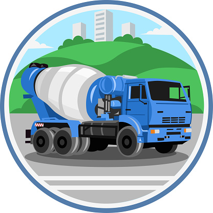 Blue concrete mixer machine, concrete truck vector image in circle with green urban landscape on background during cement shipping to construction works. Construction trucks collection