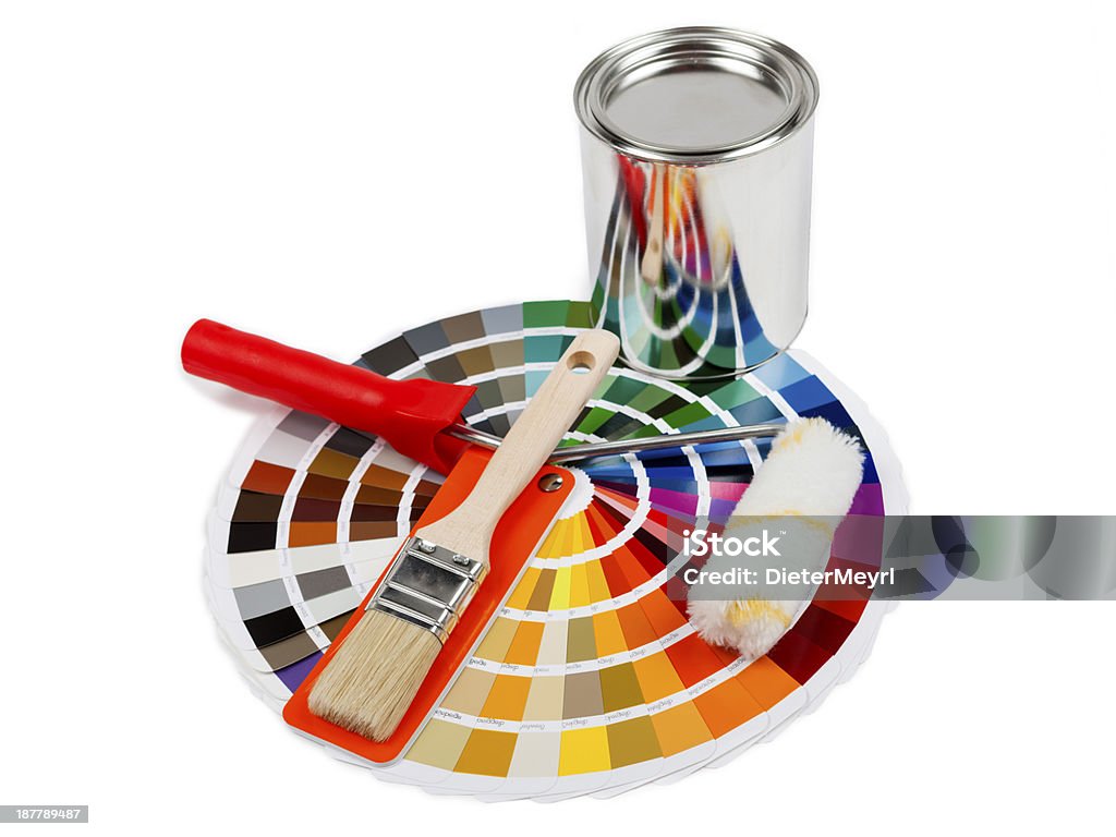 Amostra de Cor com pincel, pintor montanha e colorbox - Foto de stock de Amostra de Cor royalty-free