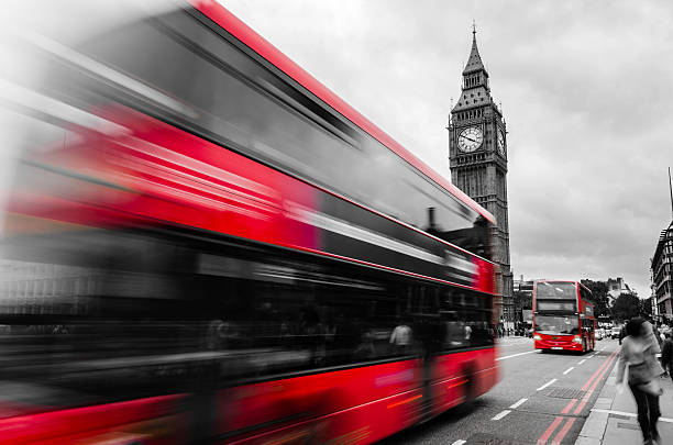 istock Red Double Decker Bus on Black And White London Background 187789735