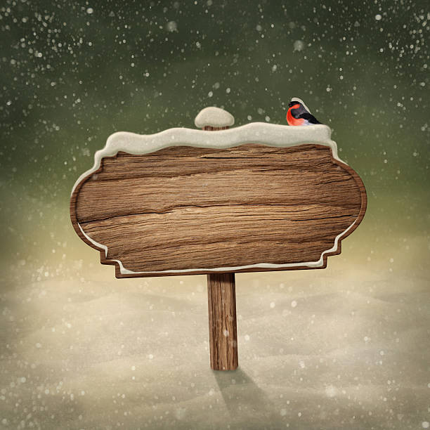 Wooden sign and bird in snow