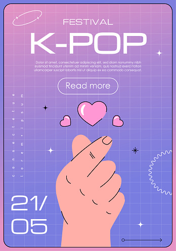 K pop poster. Hand with hearts. Musical festival and holiday. Korean pop music and artist. Graphic element for website. Cartoon flat vector illustration isolated on pink background