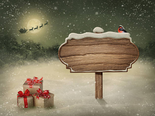 Wooden sign in snow Wooden sign and bird in snow north pole photos stock pictures, royalty-free photos & images