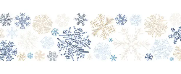 Vector illustration of Simple Christmas pattern with geometric blue, golden snowflakes on white background.