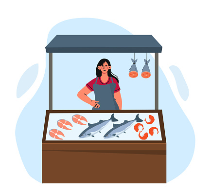 Woman selling fish concept. Seller of natural and organic product. Support your local shop. Young girl with frozen meat and seafood. Cartoon flat vector illustration isolated on white background