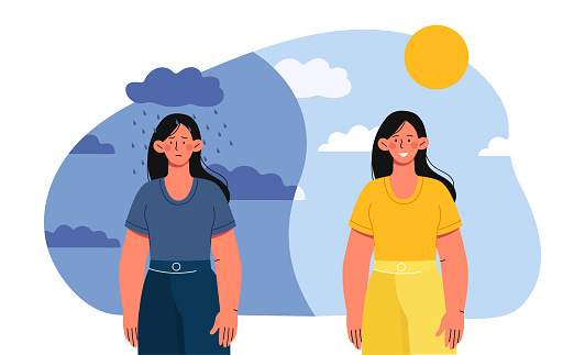 Sad and happy mood concept. Two woman wih sunny and rainy weather. Happiness and positive versus depression and frustration. Cartoon flat vector illustration isolated on white background