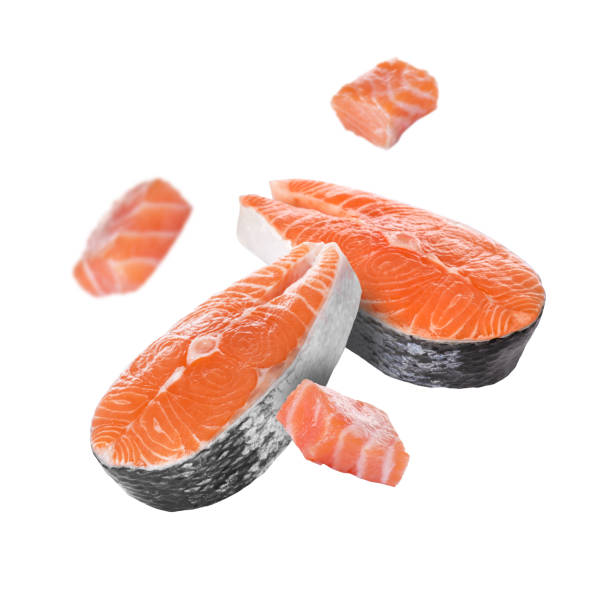 istock Fresh salmon steaks and pieces falling on white background 1877919103