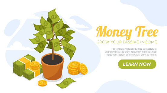 Money tree poster. Landing page design. Investment and trading, economy. Financial liteeracy and occupation. Electronic commerce and advertising online. Cartoon flat vector illustration