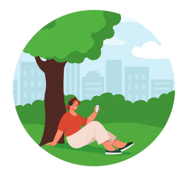 Vector illustration of Woman with headphones in park vector