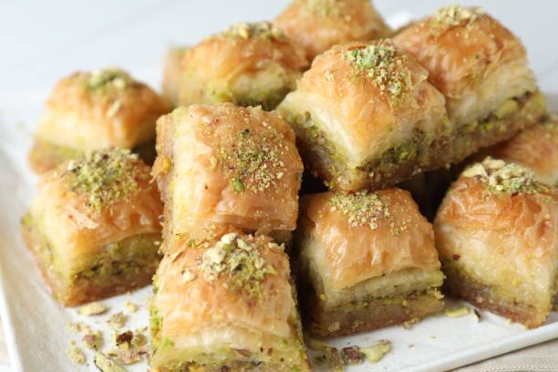 istock Delicious fresh baklava with chopped nuts on plate, closeup. Eastern sweets 1877922229