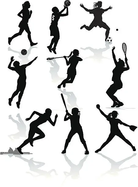 Vector illustration of Female Athletes - Softball, Tennis, Soccer, Lacrosse, Volleyball, Basketball