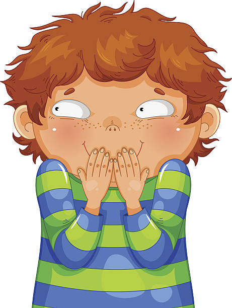 giggling boy little boy giggling  with his hands on his mouth child misbehaving stock illustrations