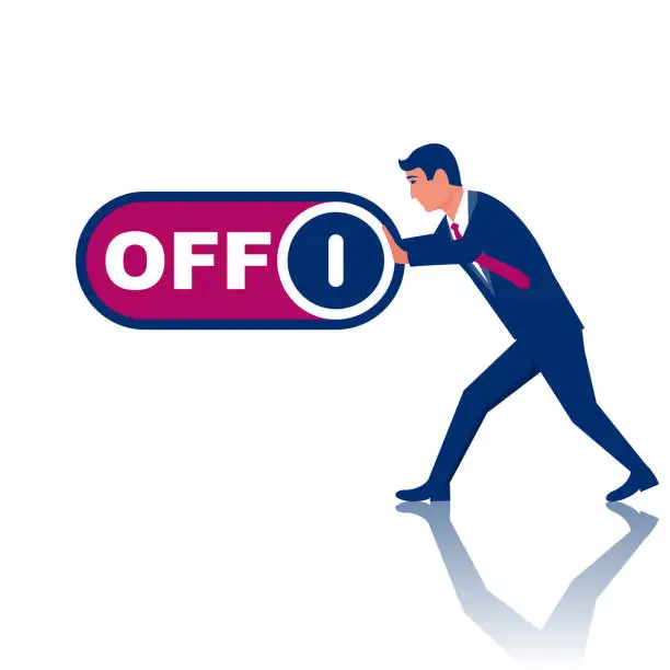 Vector illustration of Businessman presses off. Presses a button. Vector illustration flat design.