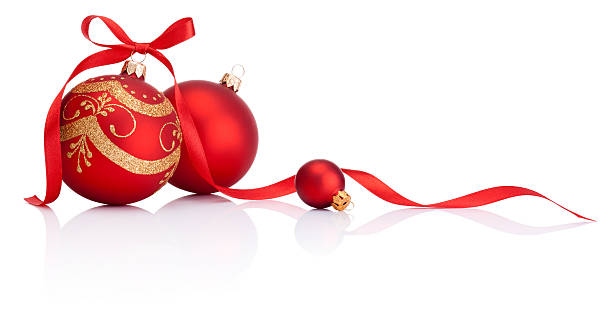 레드 크리스마스 데커레이션 공, 리본상 나비매듭 흰색 바탕에 그림자와 - curve white christmas holiday 뉴스 사진 이미지