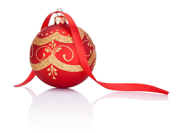 istock Red decorations Christmas ball with ribbon bow Isolated on white 187798434