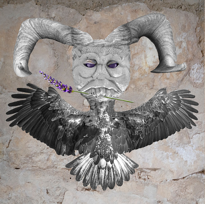 Medieval head, eagle wings, rams horns and lavender
