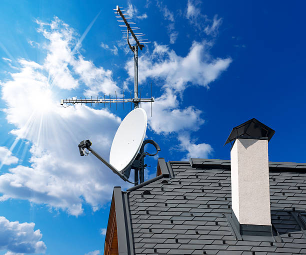 istock Satellite Dish and Antenna TV on Blue Sky 187800112