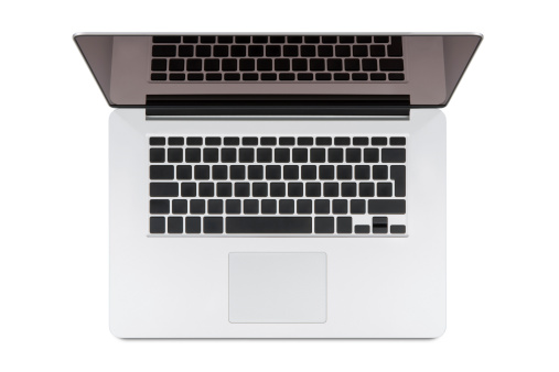 Top view of modern retina laptop, isolated on white background. High quality. You can put any symbols on the keyboard and any image on the monitor.