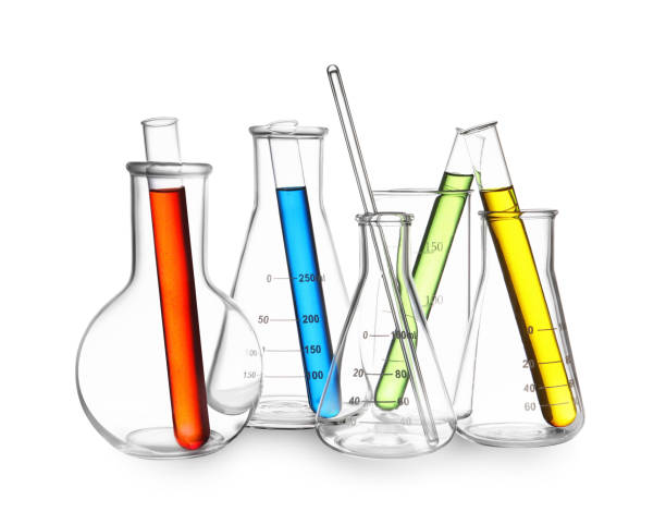 istock Glass flasks, beaker and test tubes with colorful liquids isolated on white 1878011026