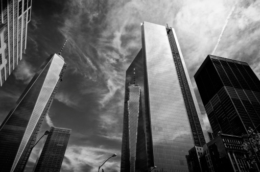 A cityscape of the World Trade Center complex of skyscrapers at Ground Zero, Lower Manhattan, New York City. 