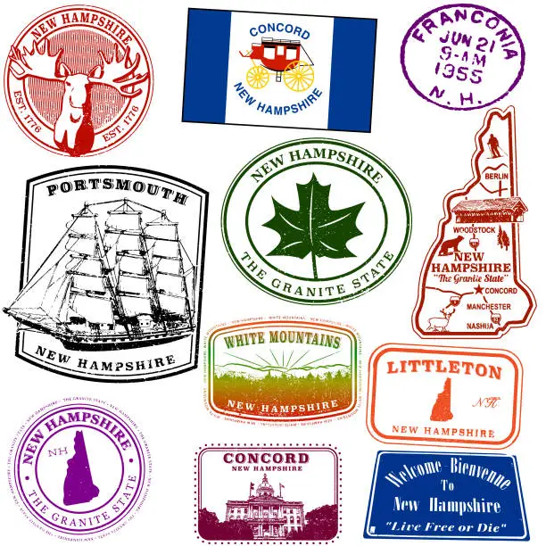 Vector illustration of New Hampshire Travel Stamp Collection