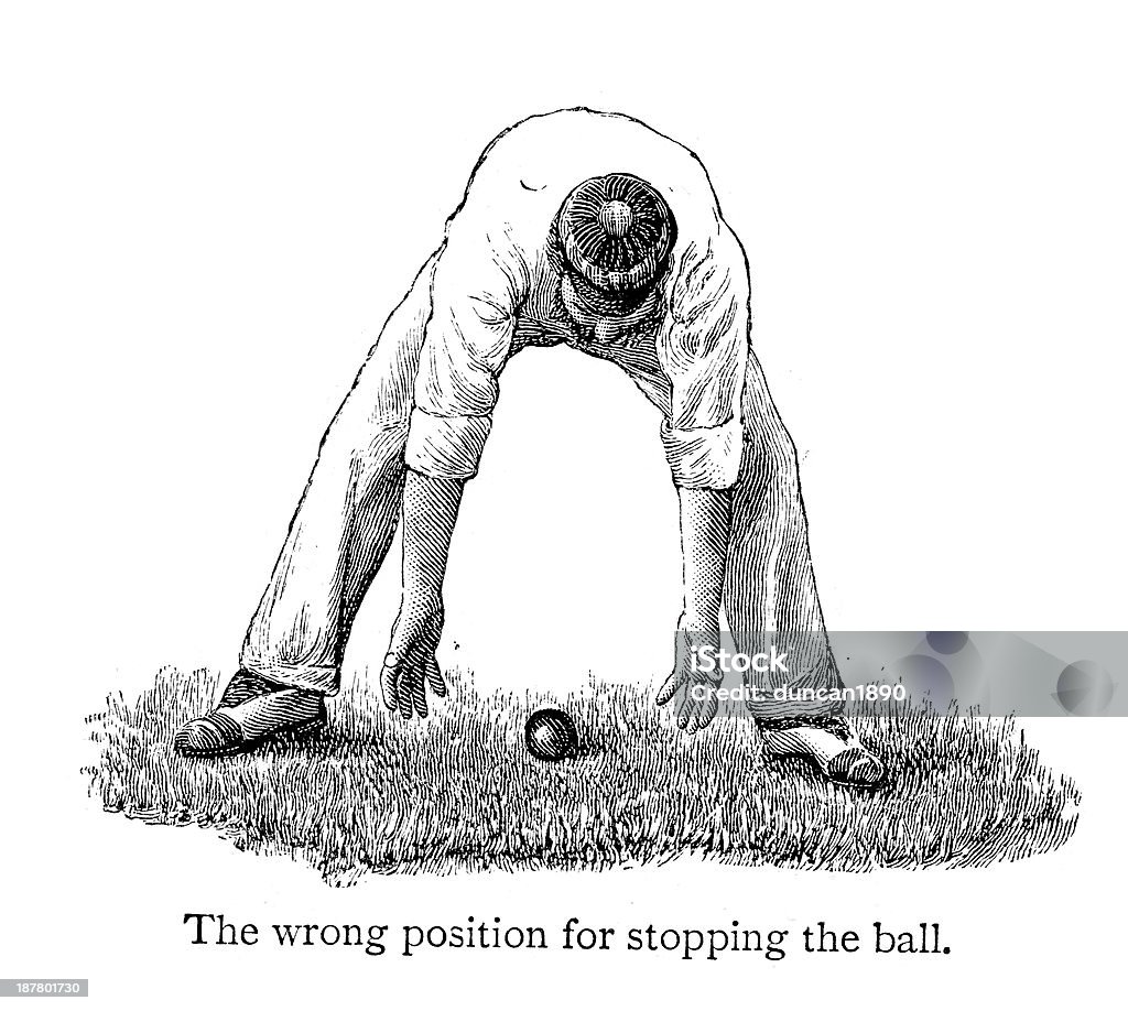 Cricket - Fielder Vintage engraving showing a fielder in the wrong position for stopping the ball during cricket match, 1888 Illustration stock illustration