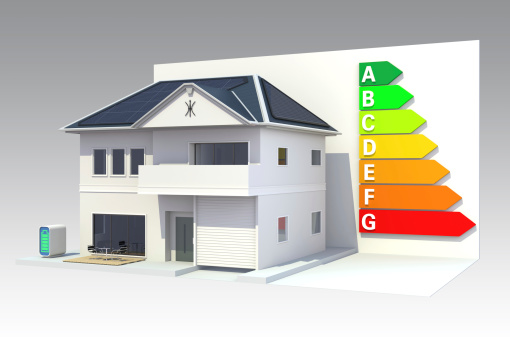 Smart house support by roof mounted solar panels, home battery system, energy classification chart. simple render with clipping path.