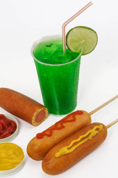 Corn Dog, corndogs Crispy Corn Dog fried in corn oil. Mustard, ketchup banderilla stock pictures, royalty-free photos & images