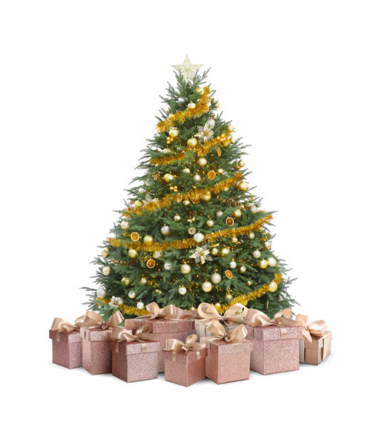 istock Beautiful Christmas tree with many gift boxes under on white background 1878033138