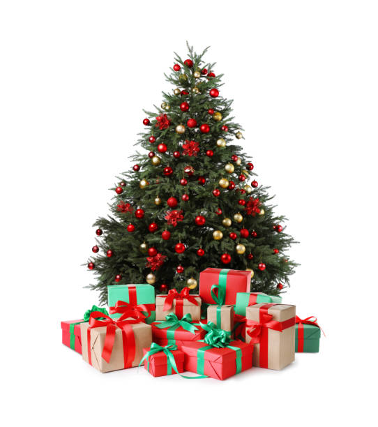 istock Beautiful Christmas tree with many gift boxes under on white background 1878033148