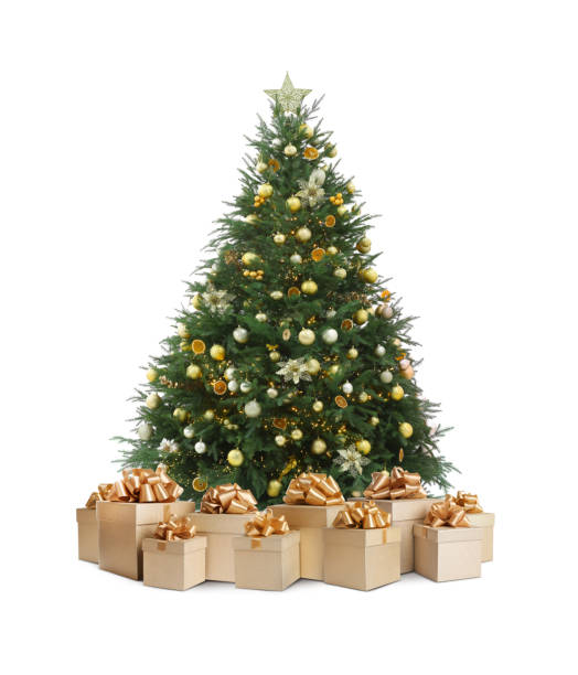 istock Beautiful Christmas tree with many gift boxes under on white background 1878033653