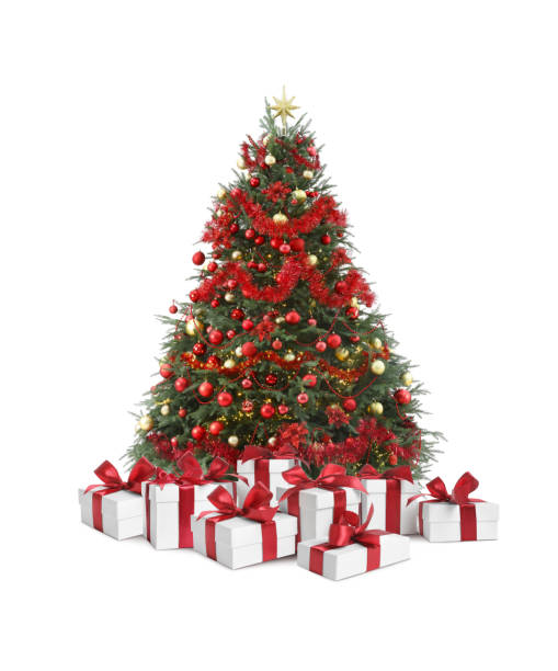 istock Beautiful Christmas tree with many gift boxes under on white background 1878033655