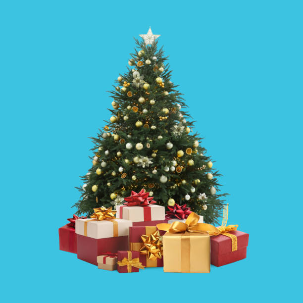 istock Beautiful Christmas tree with many gift boxes under on light blue background 1878033656