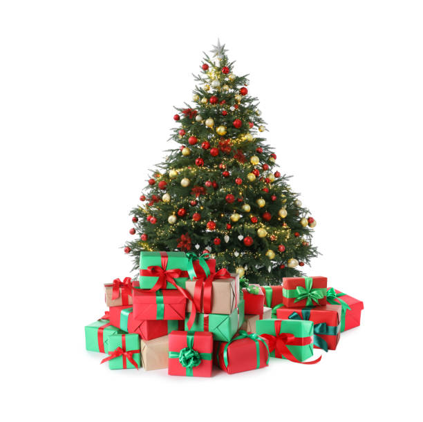 istock Beautiful Christmas tree with many gift boxes under on white background 1878035709
