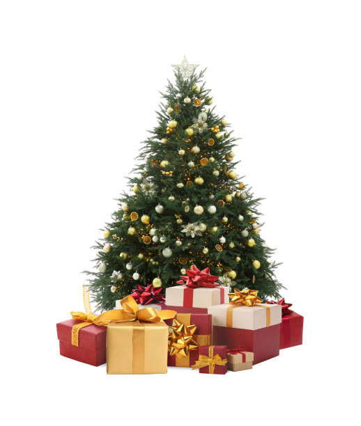 istock Beautiful Christmas tree with many gift boxes under on white background 1878036210