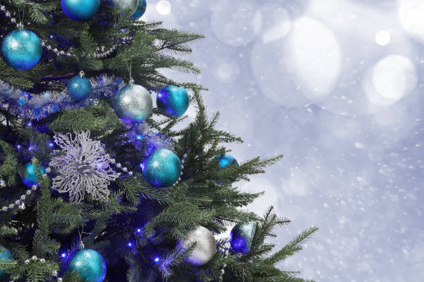 istock Christmas tree decorated with light blue and silver festive balls against blurred background, bokeh effect. Space for text 1878036717