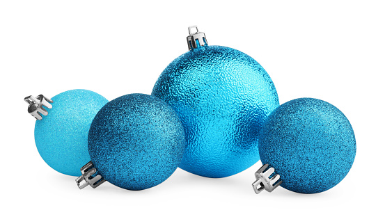 Beautiful light blue Christmas balls on white background
