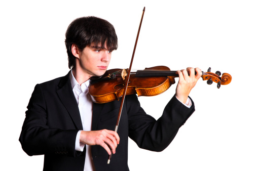Young man playing violin (isolated on white)