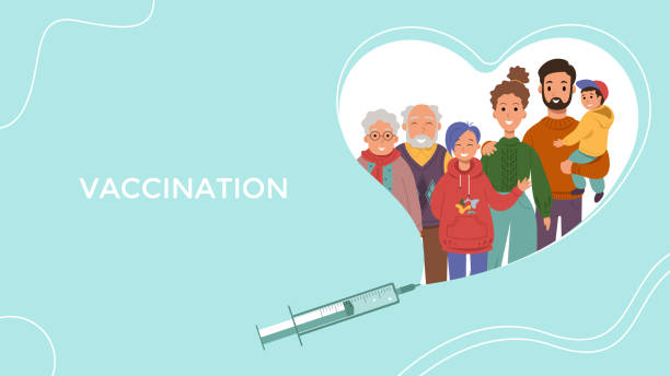 Family vaccination Family vaccination.Medical banner with copy space.Mom and dad with children in heart.Medical syringe for injection.Vector stock illustration. senior getting flu shot stock illustrations