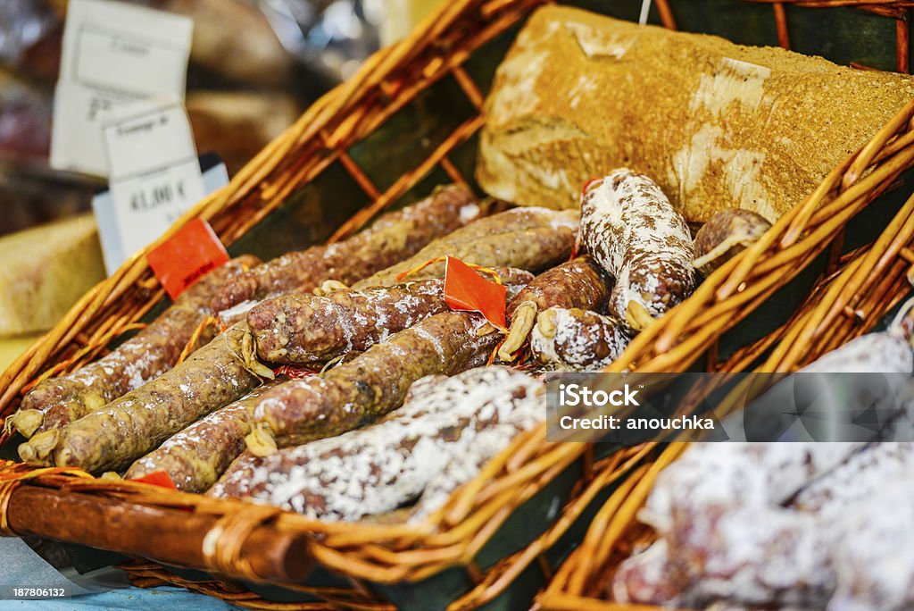 French Sausages displayed for sale on Christmas Market Christmas Stock Photo