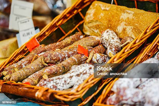 French Sausages Displayed For Sale On Christmas Market Stock Photo - Download Image Now