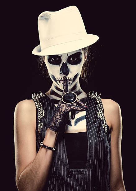 istock Woman with skeleton face art making a hush gesture 187806757