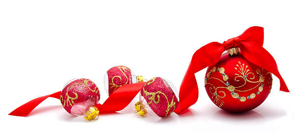 istock Red christmas balls with ribbon isolated on a white 187807215