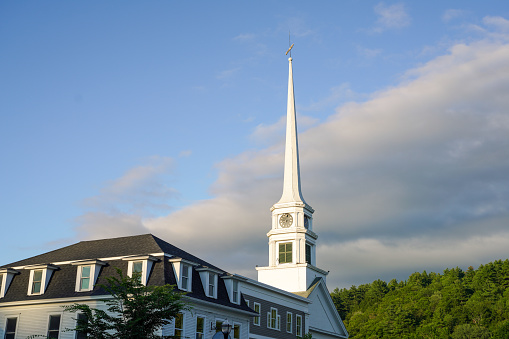 Stowe, Vermont,USA-July 27, 2023-  town of Stowe in Vermont in the summer，The attractive and welcoming Stowe Visitor Information center.