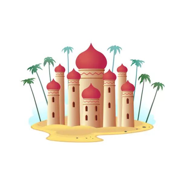 Vector illustration of Arabian palace with red domes.Cartoon style.